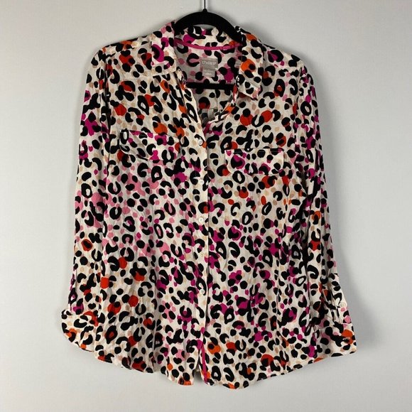 Chicos Button Shirt Womens 2 US 12/14 Large Animal Polka Dot Mixed Print Rayon - Picture 1 of 9
